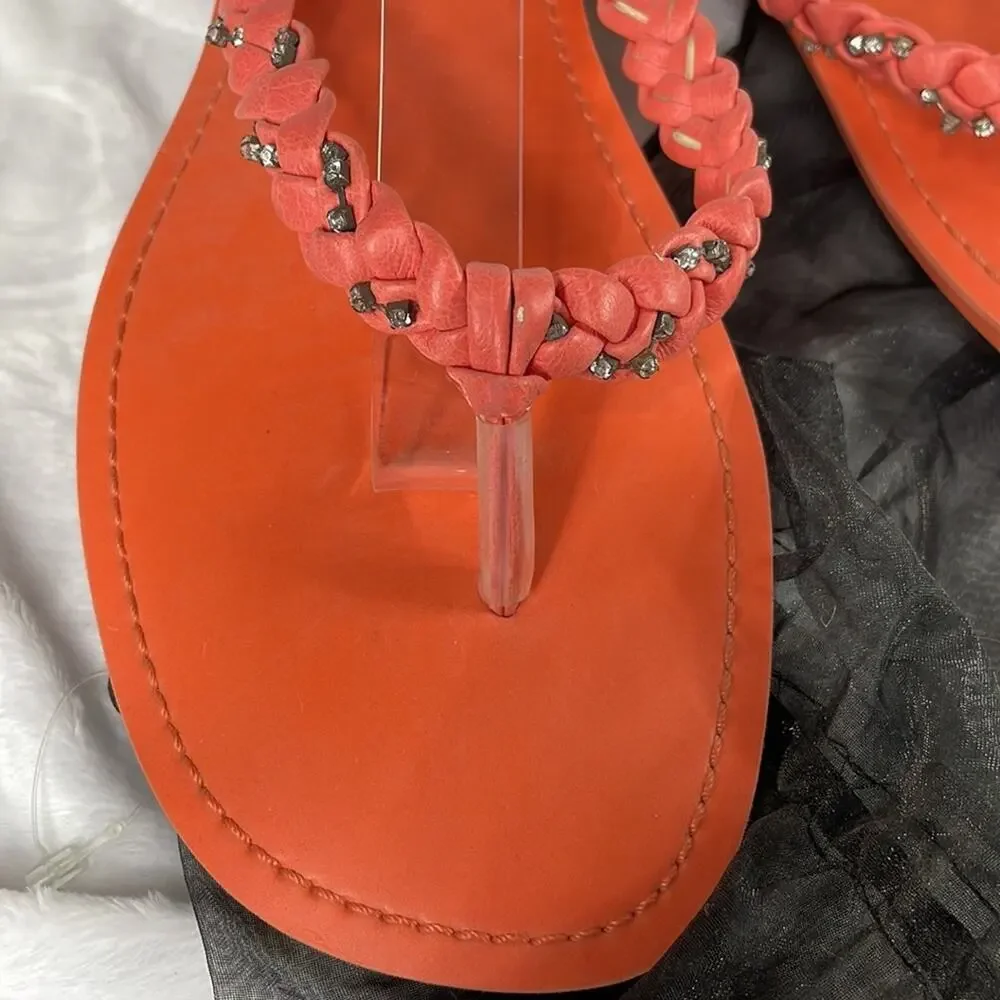 Coral Braided Jeweled Strap Flat Flip Flop Size 11/12.  Beach Coastal Summer Fun